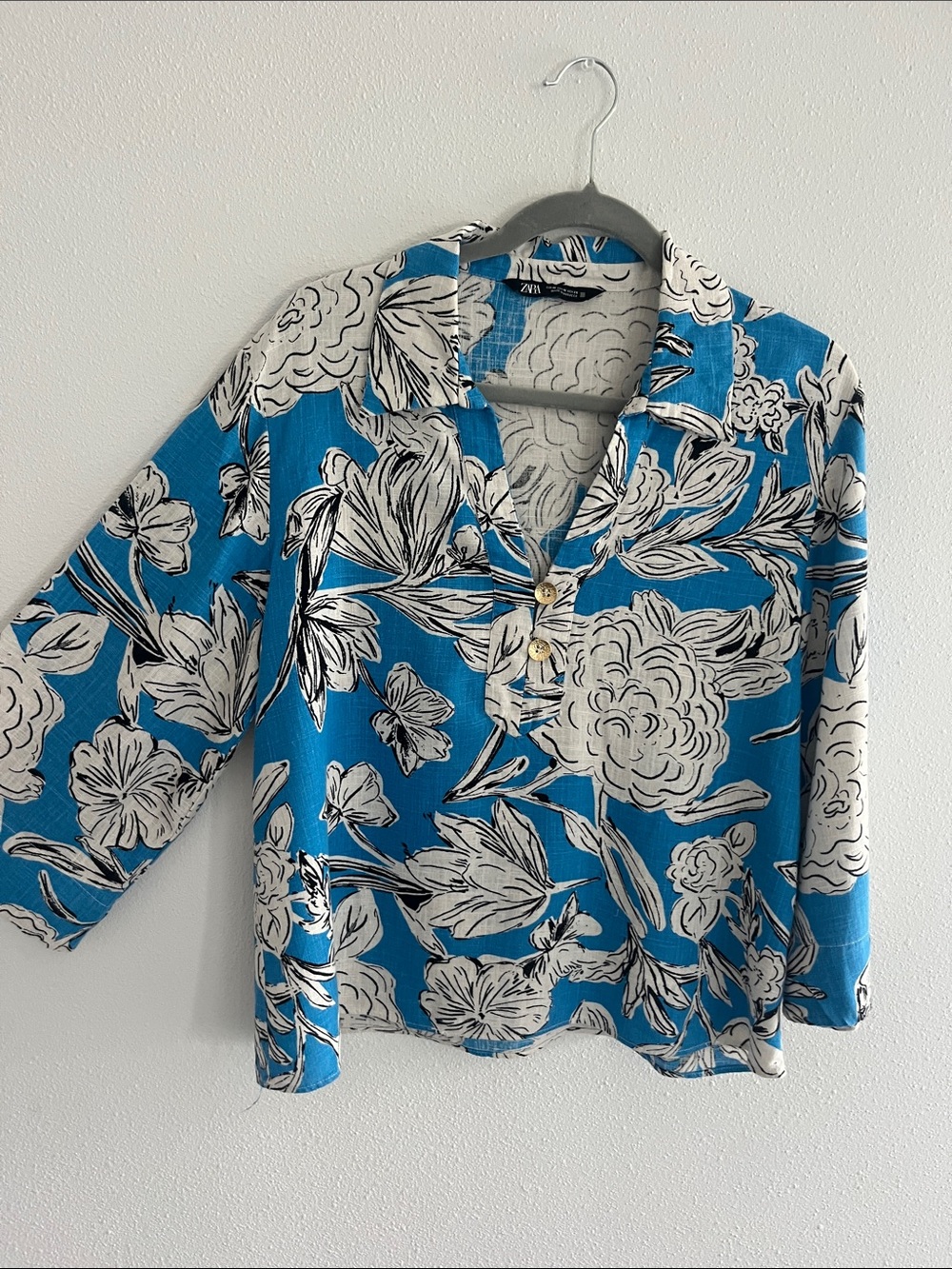 Zara Blue and White Floral Button-Up Blouse